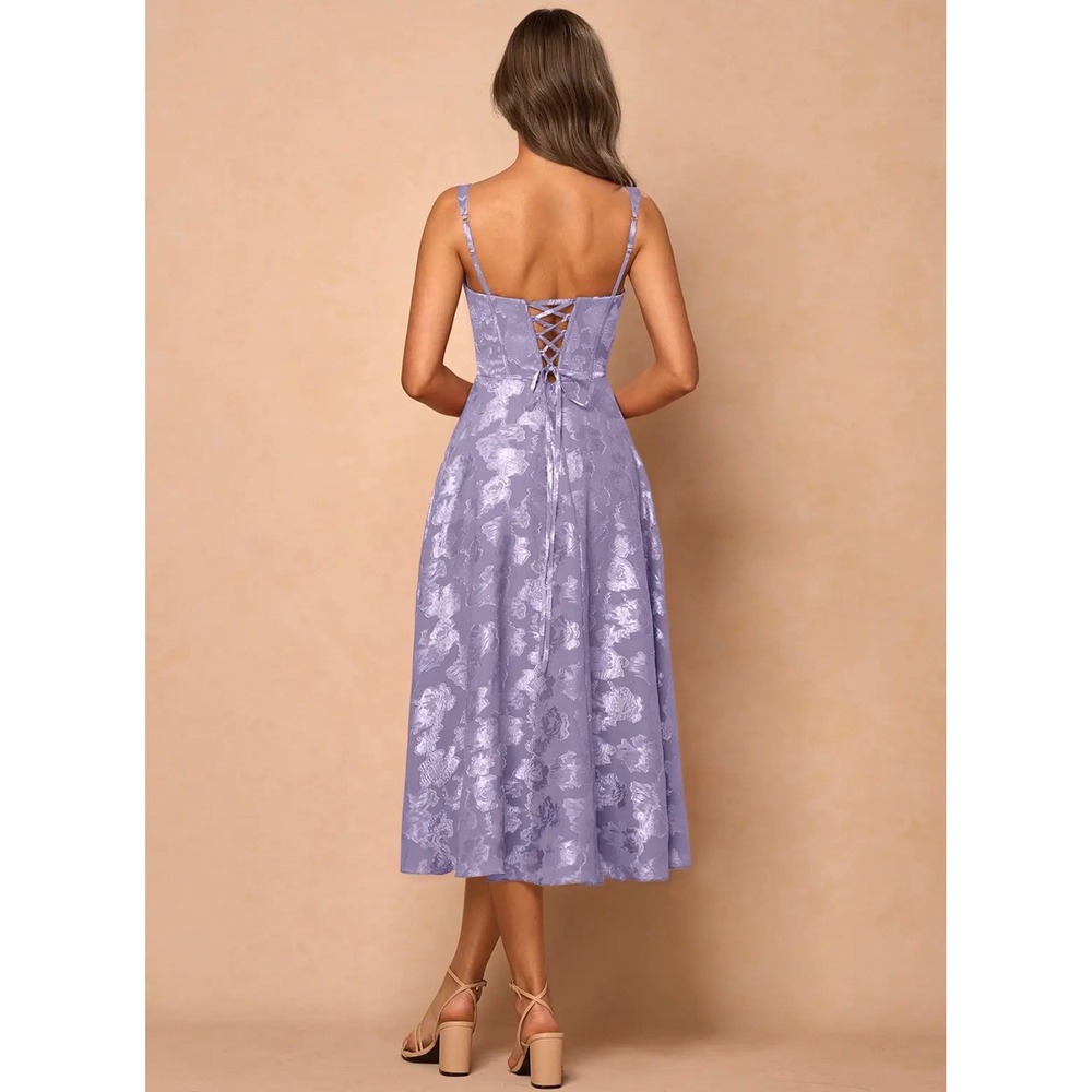 Hdsmfos Lavender Floral Jacquard Corset Midi Dress Lace Up Back Purple A-Line - Picture 2 of 10